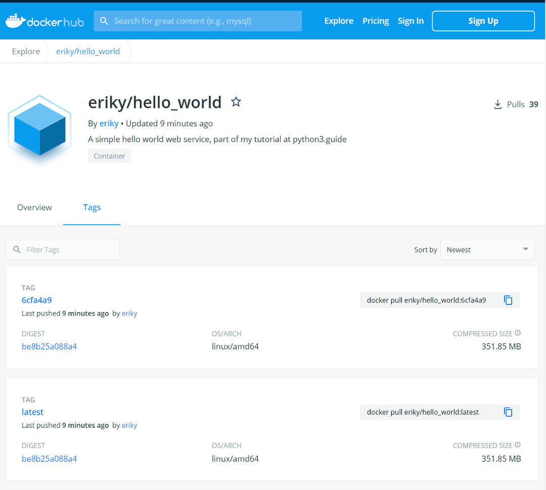 Our Python application, build and pushed to Docker Hub