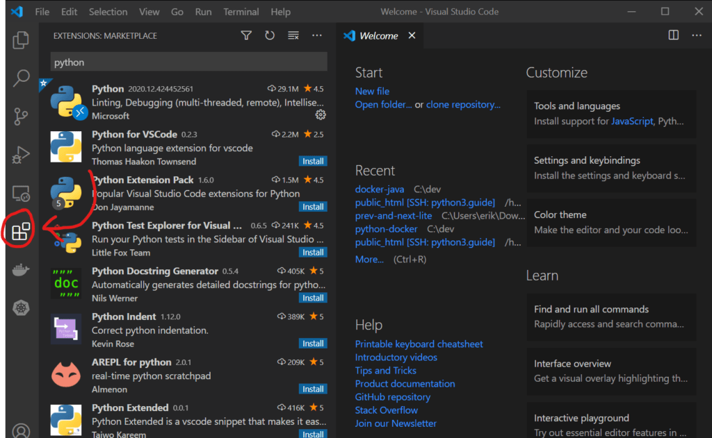 how to install python in visual studio code