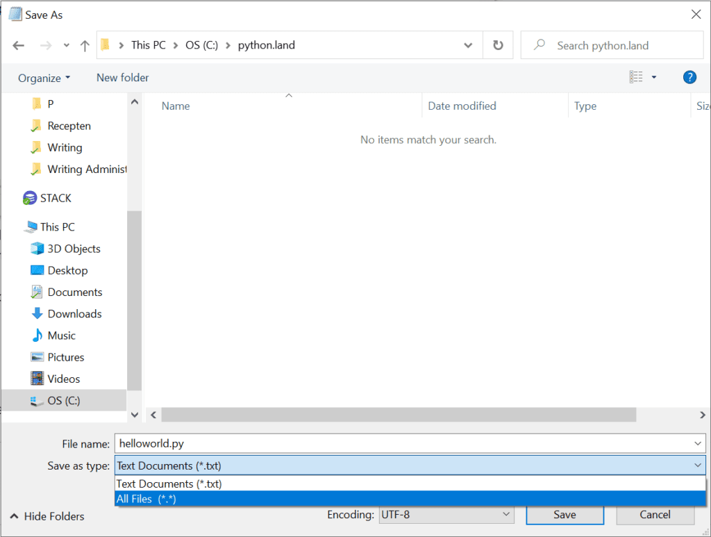 Saving a Python file with Notepad (there are much better ways that you'll learn soon)