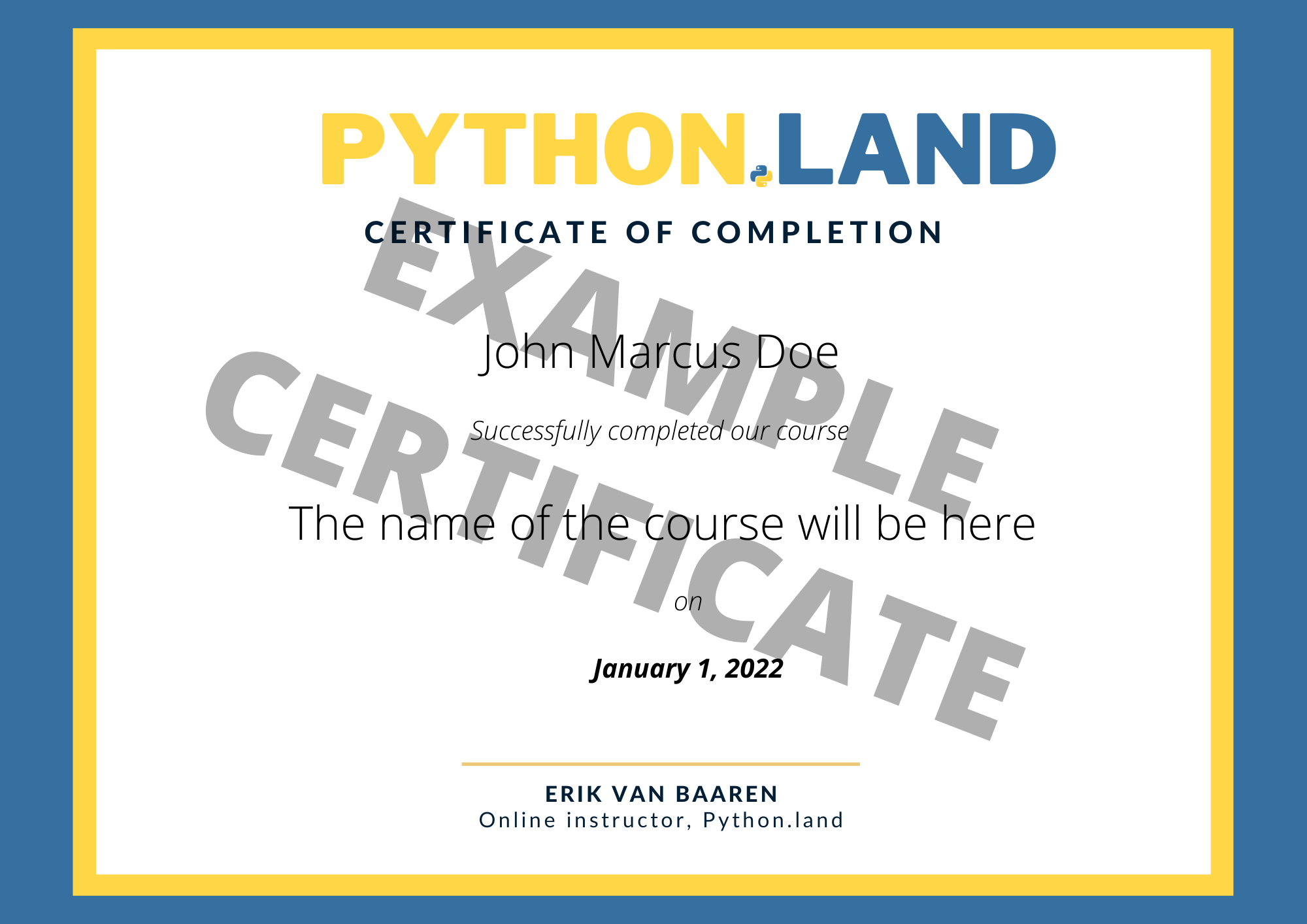 Course certificate example